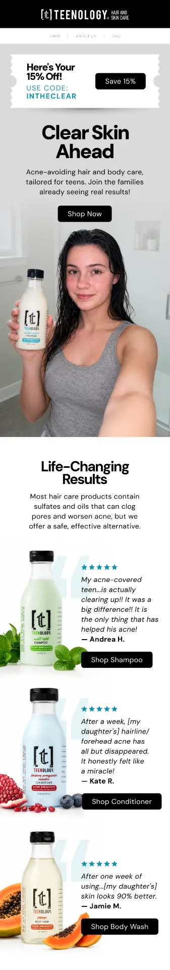 Teenology Clear Skin Ahead email after creative direction