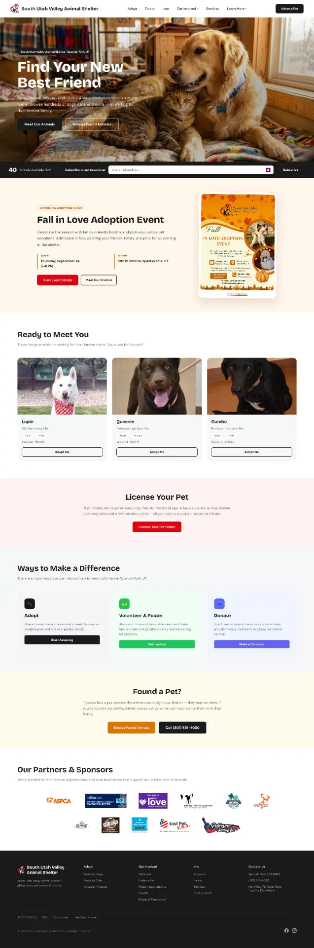 South Utah Valley Animal Shelter homepage before the new digital experience