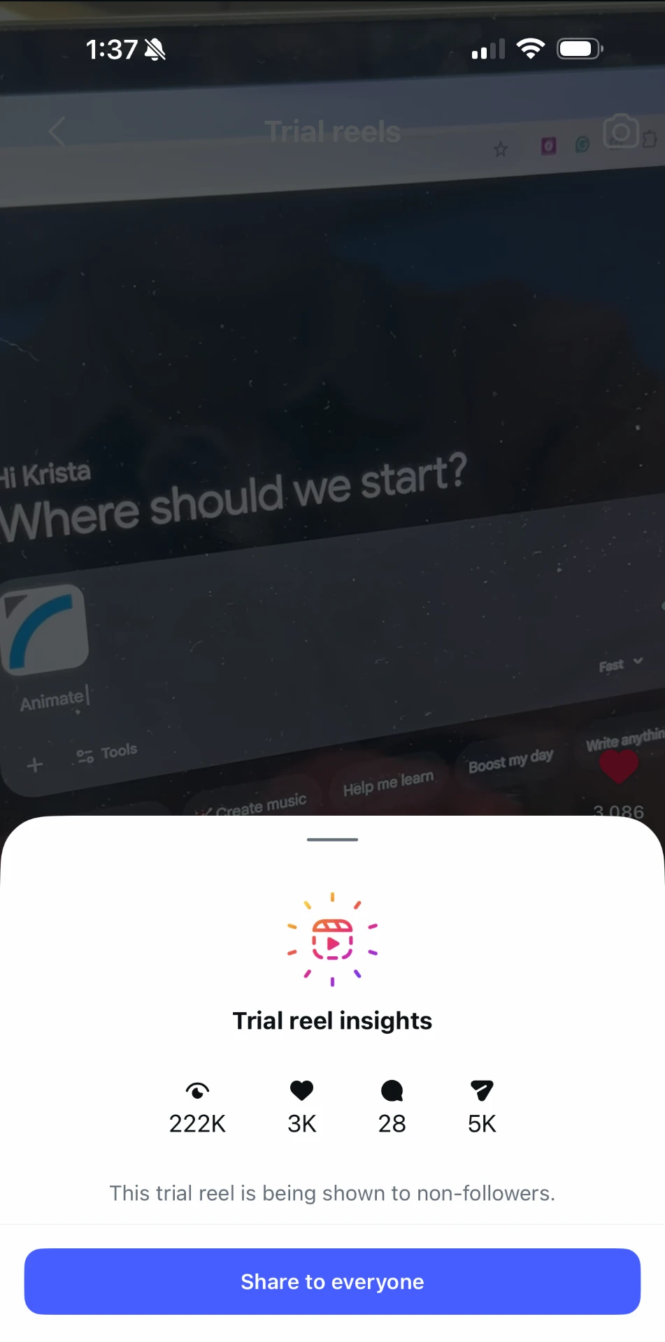 Instagram insights for a reel showing 222,000 views